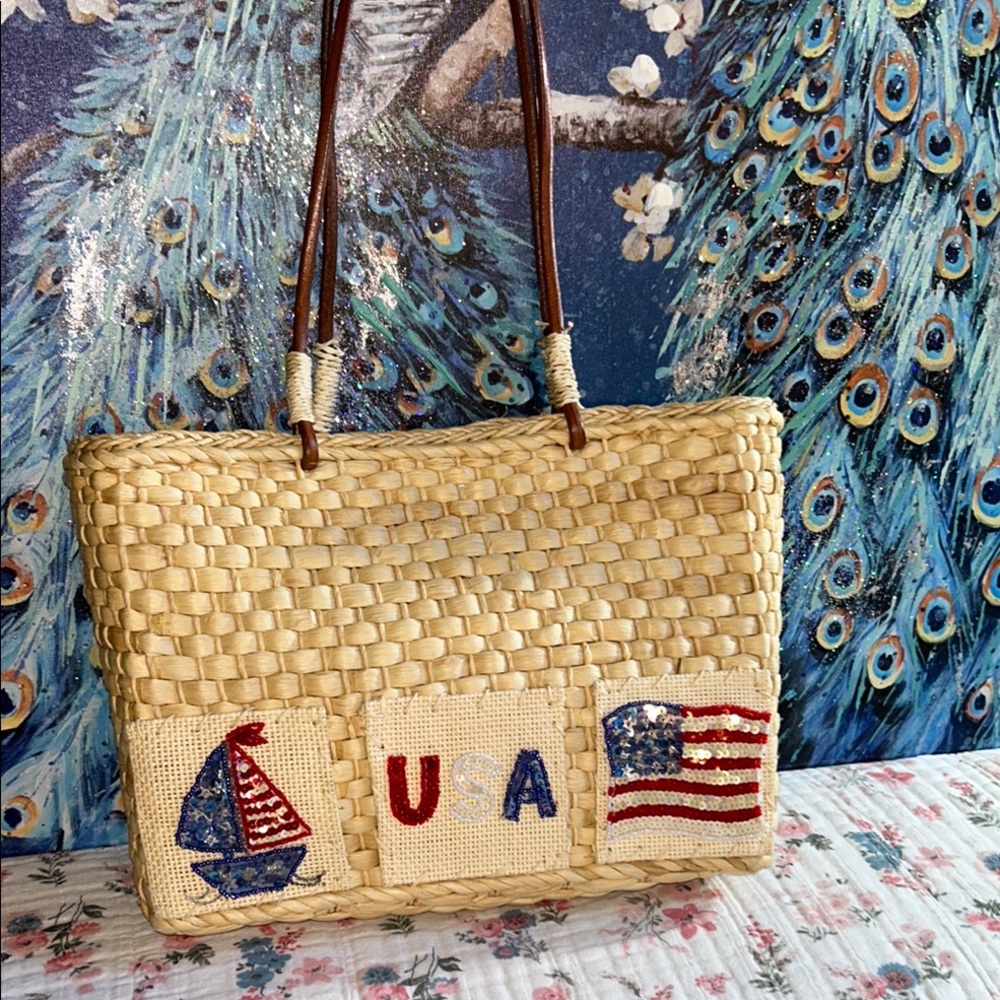 Vintage Woven Tan Tote Bag with USA Patriotic Beading Design